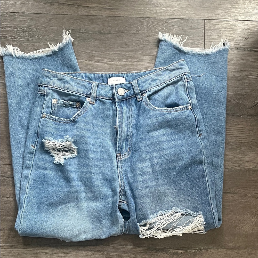 Forever 21 Light Blue High Rise Distressed Jeans